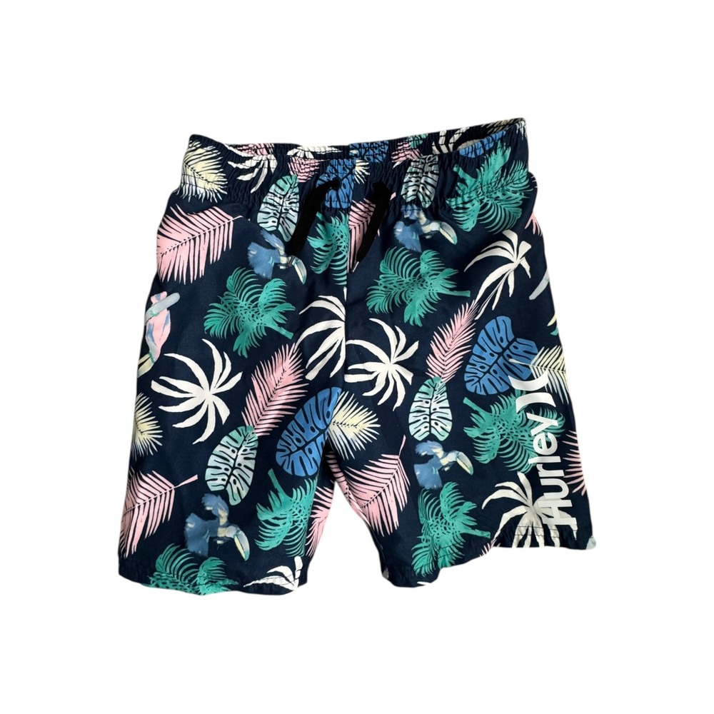 Hurley Swim Trunks Tropical Palm Toucan Print Navy Blue Drawstring Boys Size‎ 6